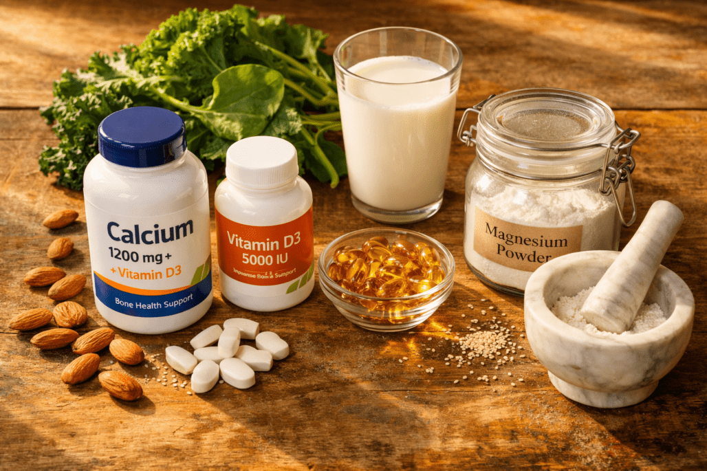 Best supplements for bones including calcium, vitamin D, and magnesium arranged with food sources on wooden surface