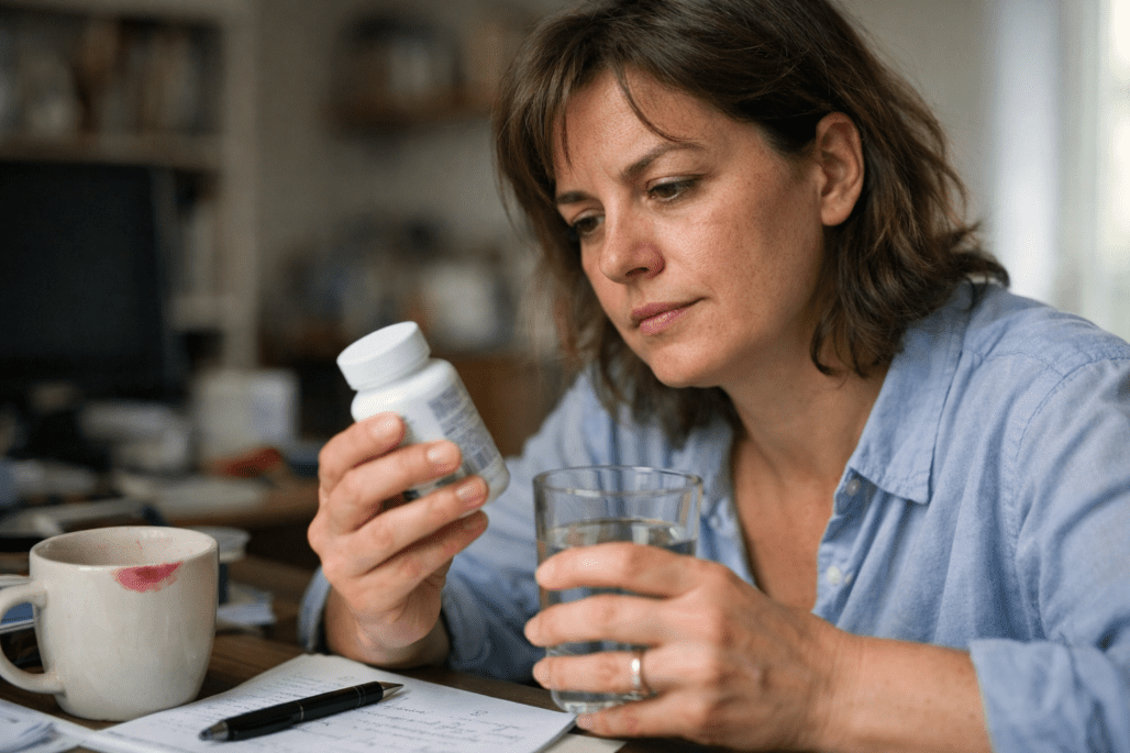 Person examining cognitive supplement bottle while considering brain fog relief options at home
