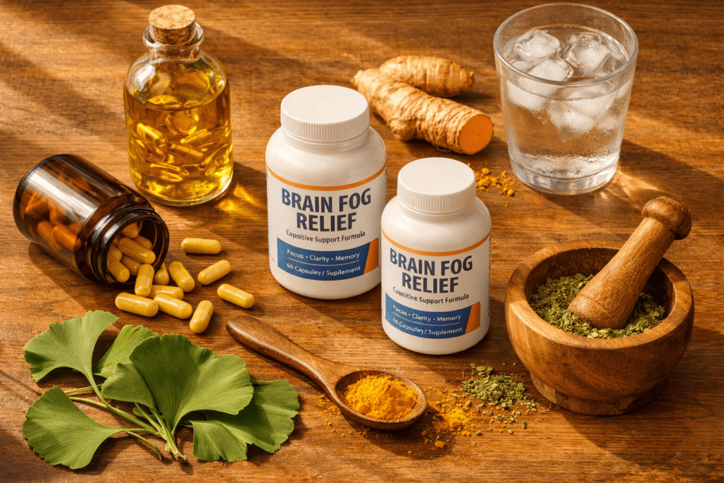 Brain fog supplements and natural ingredients including omega-3, B vitamins, and ginkgo arranged on wooden surface