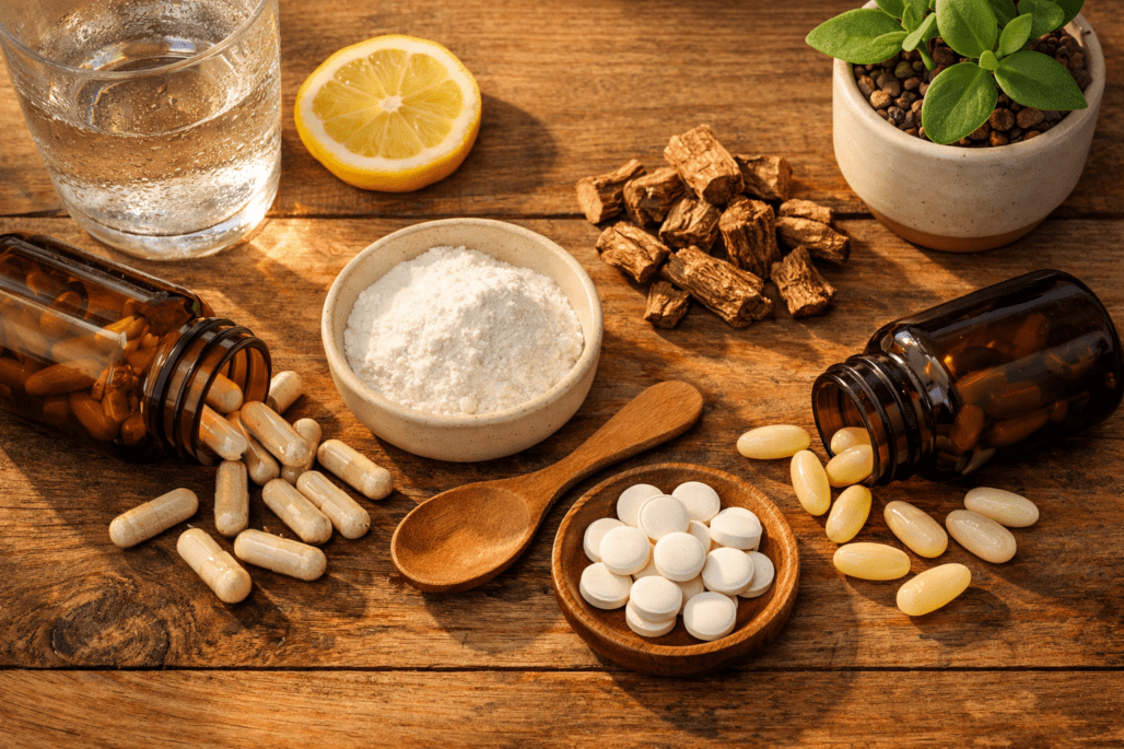 Best supplements for cortisol including ashwagandha, magnesium, and rhodiola arranged on wooden table