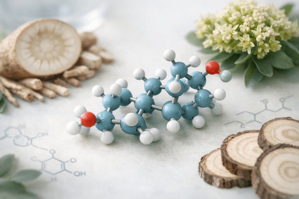 Cortisol molecule structure with adaptogenic herbs for stress relief and natural cortisol management