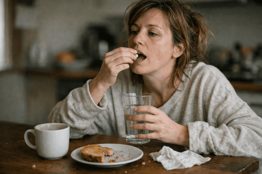 Person taking stress relief vitamins at home with natural light for daily cortisol management routine