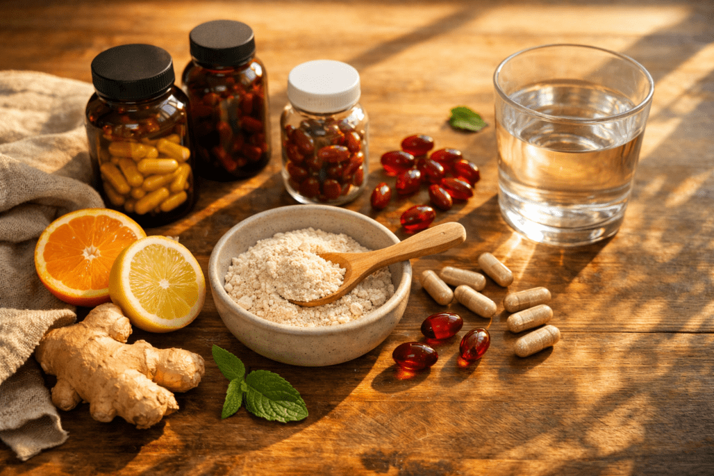 Natural energy supplements and fatigue relief vitamins arranged with fresh ingredients on wooden table