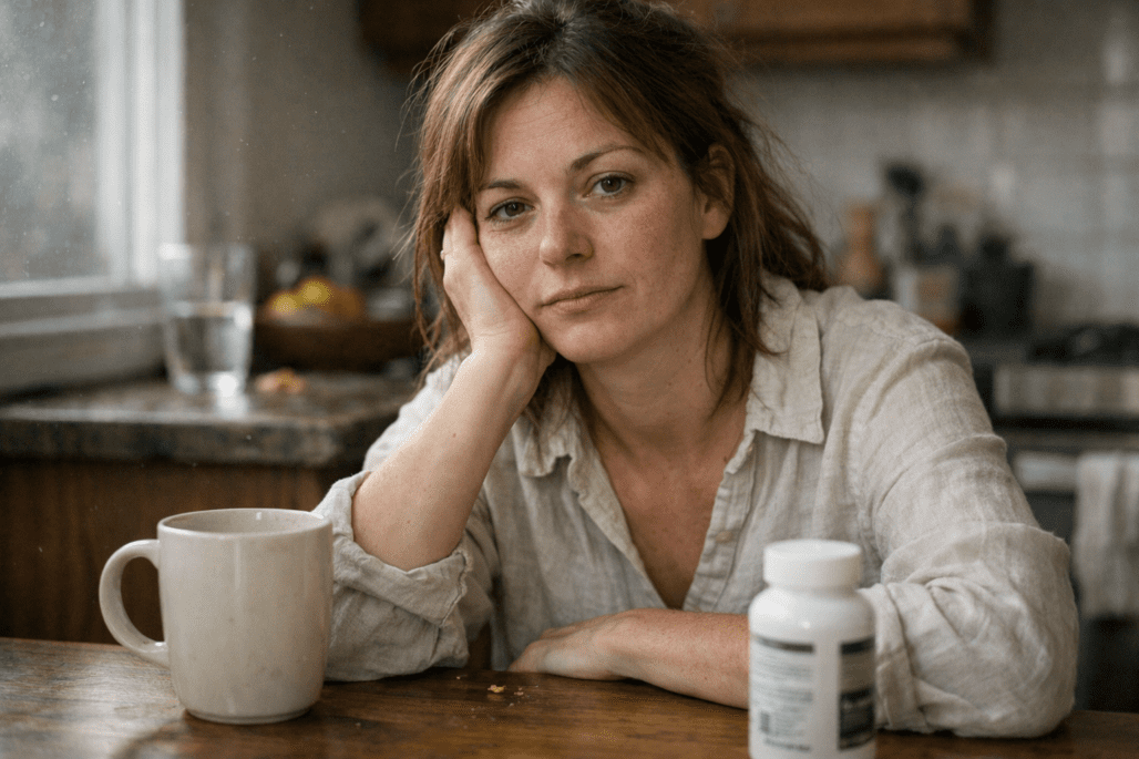 Woman experiencing fatigue at home considering natural energy supplements and tiredness remedies