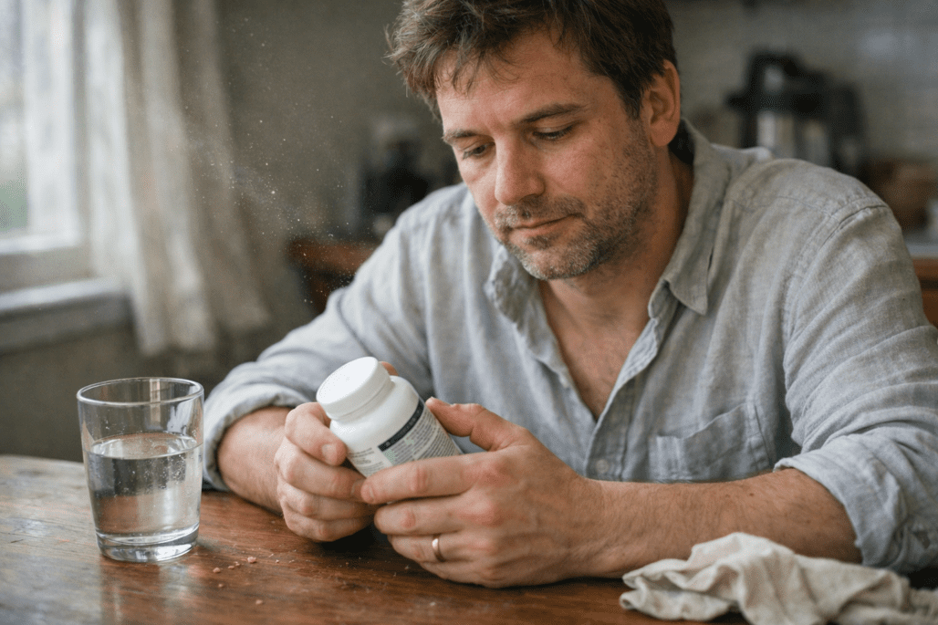Person taking focus supplement at kitchen table with natural morning light and realistic details