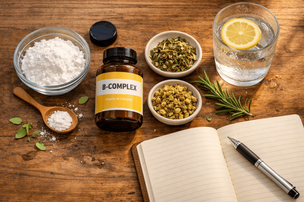 Focus supplements and brain-supporting ingredients arranged on wooden table with water glass