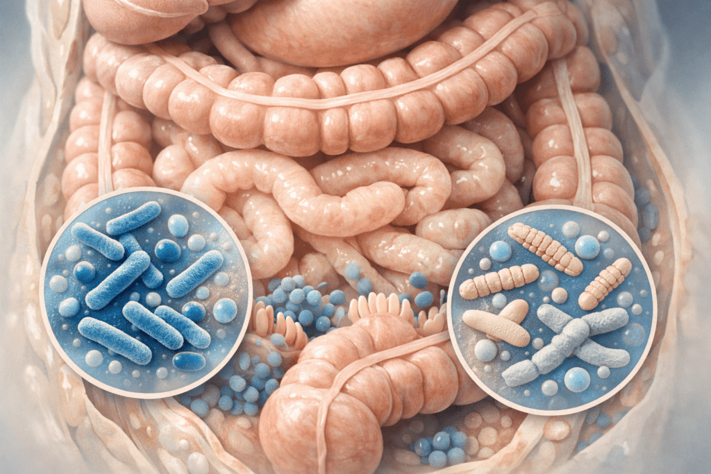 Gut health supplements work through digestive system microbiome illustration