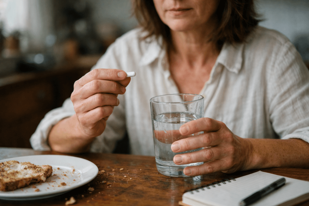 Person taking digestive health supplements as part of daily gut health routine