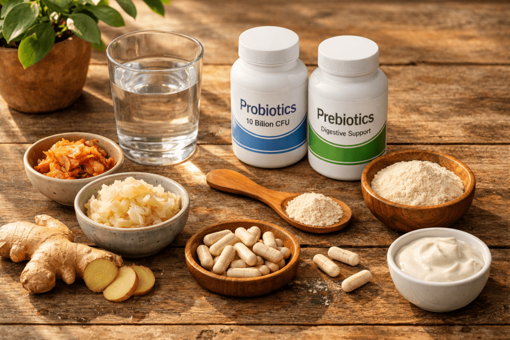 Best probiotics and gut health supplements displayed with digestive-supporting foods