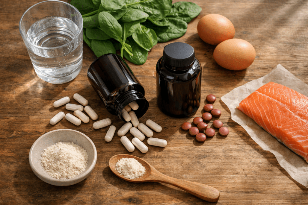 Best supplements for hair growth including biotin, iron, and vitamin D on wooden table