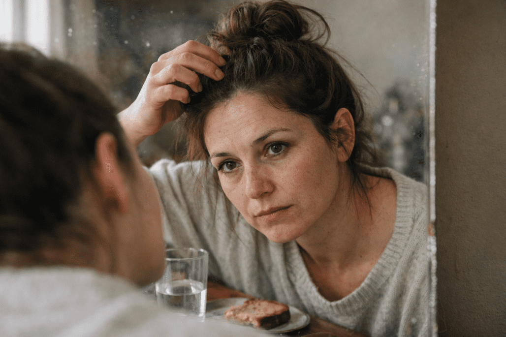 Woman checking hair health while considering hair loss prevention and growth supplements