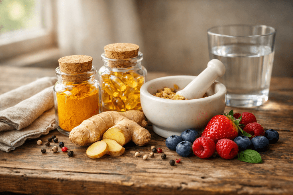 Best supplements for inflammation including turmeric, omega-3s, and ginger arranged on wooden table
