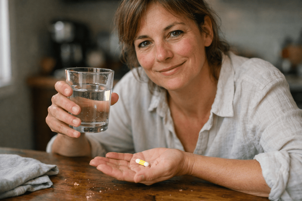 Person taking inflammation relief supplement with water at home kitchen table