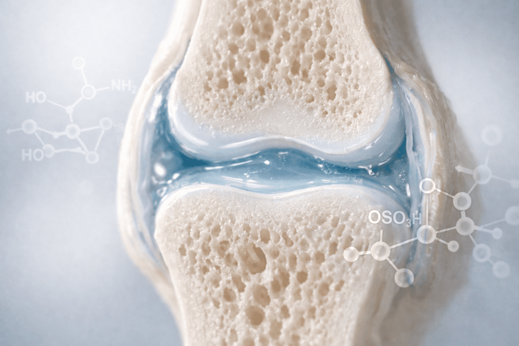 Joint anatomy cross-section showing cartilage and bone structure for arthritis supplements education
