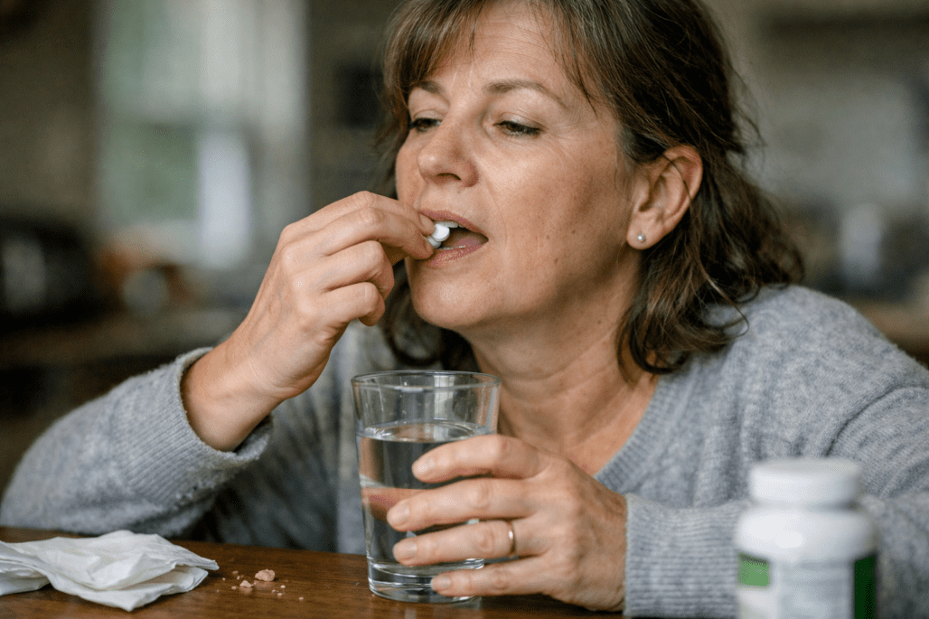 Person taking joint pain relief supplement with water at home kitchen table