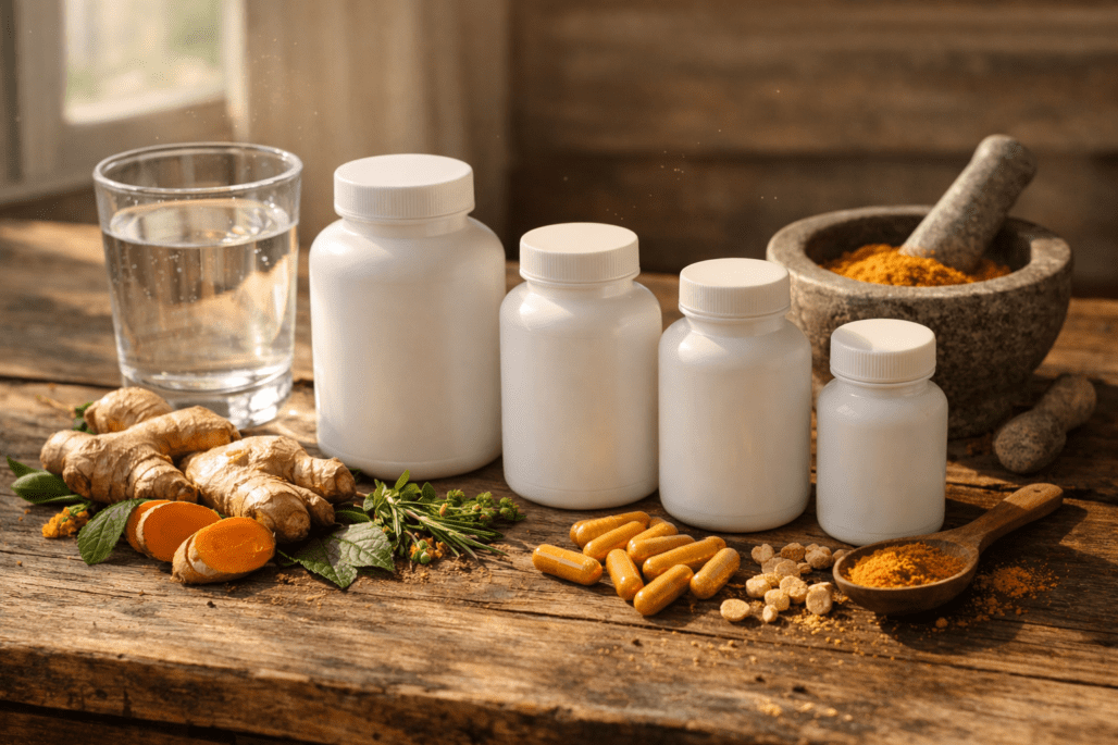 Best supplements for joint pain arranged with turmeric root and ginger on wooden table