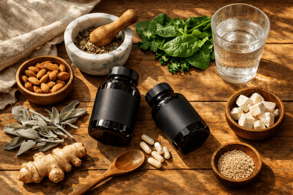 Best menopause supplements and natural ingredients arranged on wooden table for hormone balance