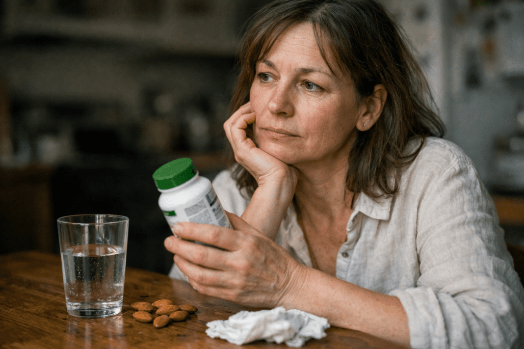 Woman examining menopause relief supplements in realistic home setting with natural lighting
