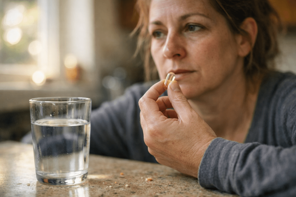 Person taking nerve pain supplement at home with natural window light