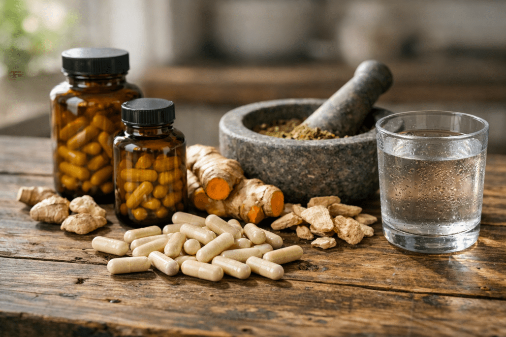 Natural supplements and herbs for nerve pain relief on wooden kitchen table