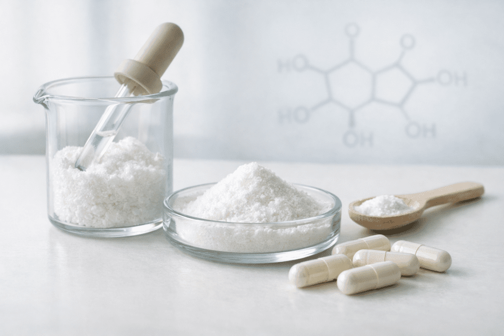 PCOS supplements including inositol powder and capsules arranged in scientific editorial style with molecular visualization