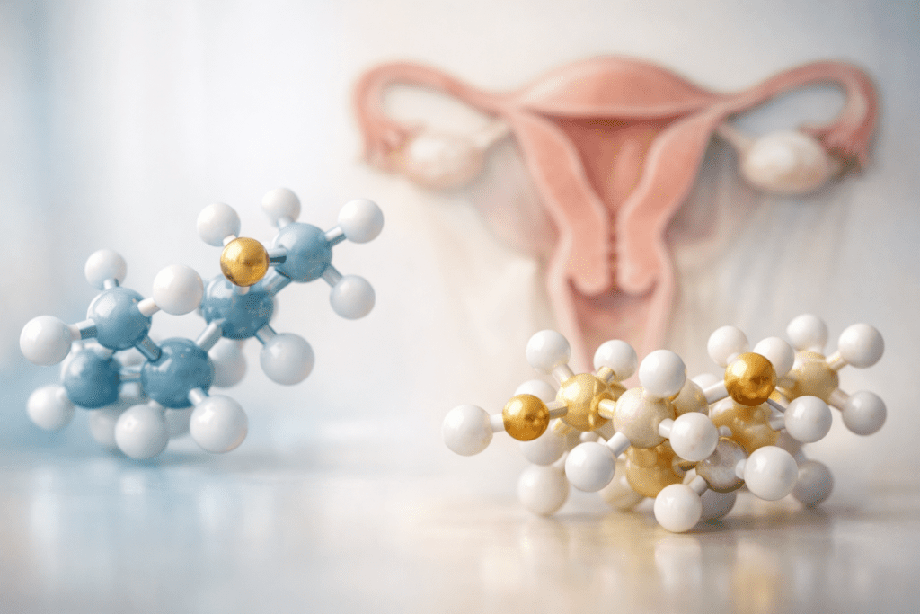 Molecular structures representing hormone balance during perimenopause with soft scientific visualization