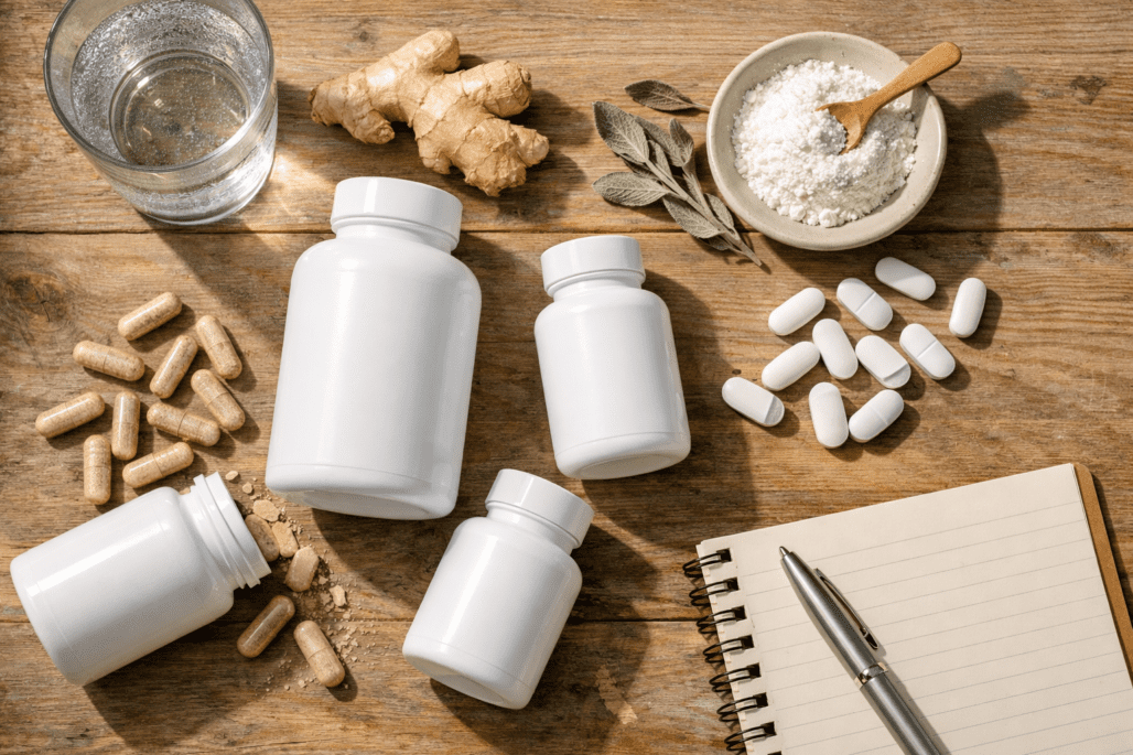 Perimenopause supplements and natural remedies arranged on wooden table with water and herbs