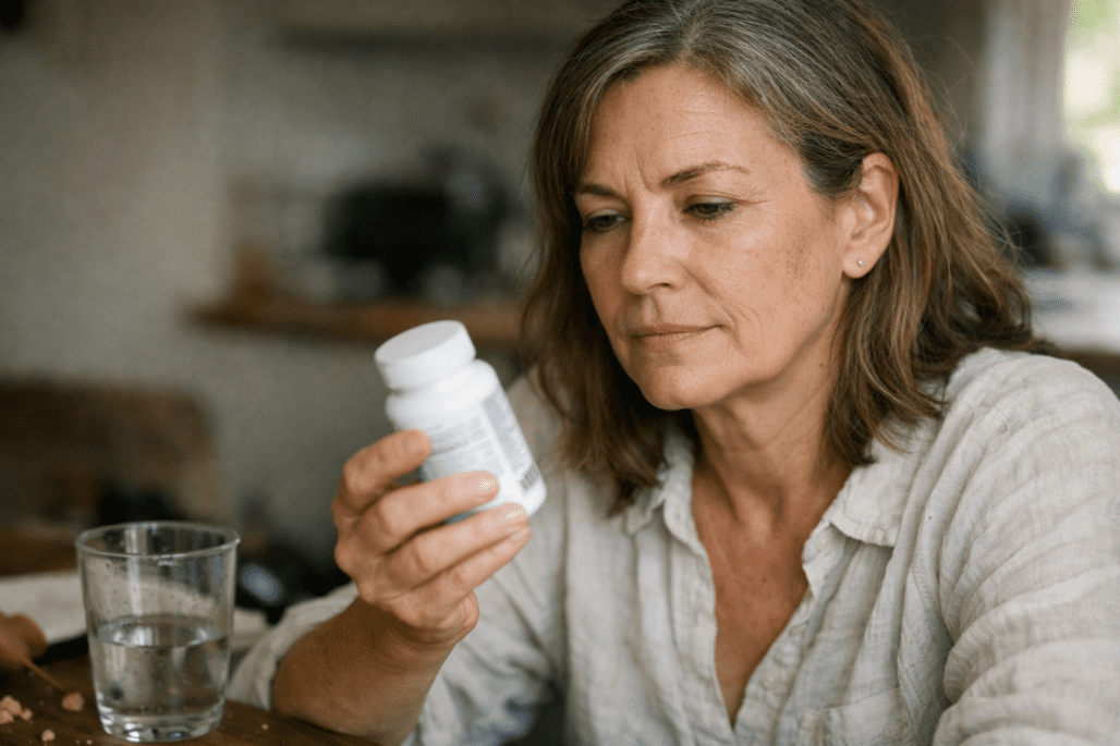 Woman considering perimenopause supplement options at home with natural, realistic appearance