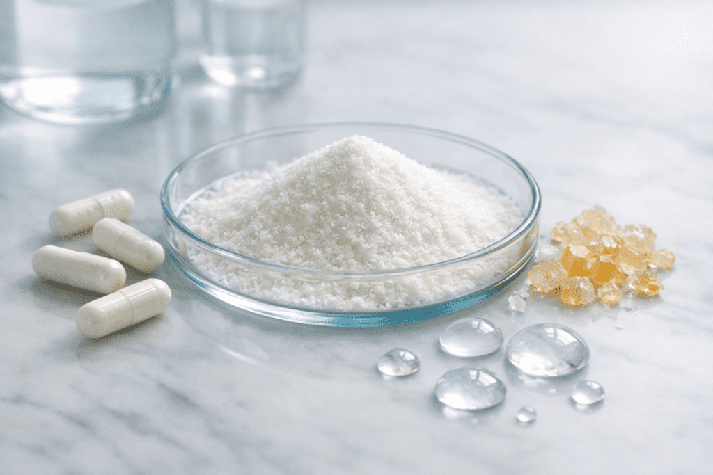 Collagen peptides and skin health supplements arranged in scientific composition with soft lighting