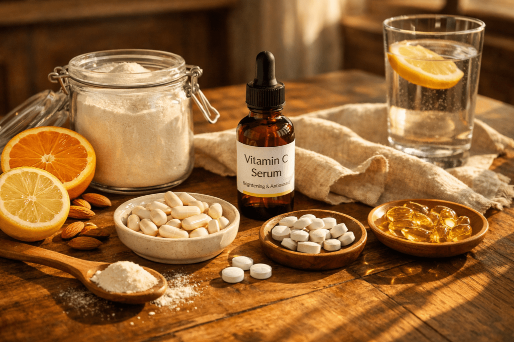 Skin vitamins and supplements displayed with fresh ingredients on wooden kitchen counter