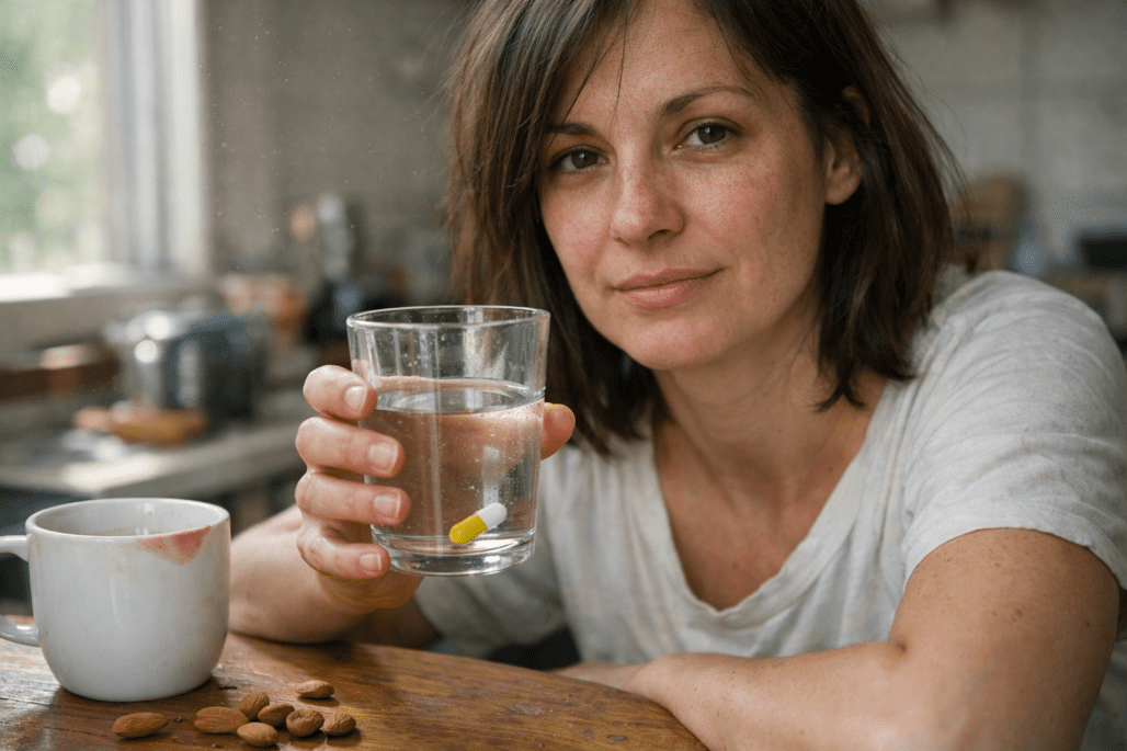 Woman taking skin health supplement with water at kitchen table in natural light