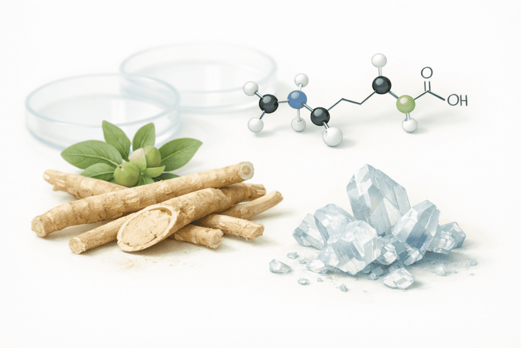 Scientific visualization of stress relief supplement compounds and adaptogenic herbs for natural anxiety management