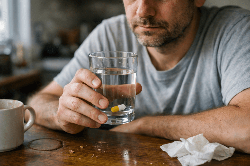 Person taking anxiety supplement with water for natural stress management and daily wellness routine