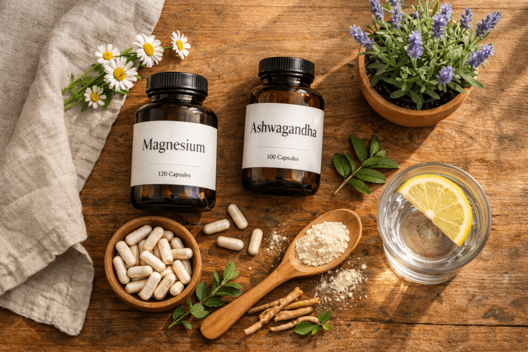 Best stress relief supplements and calming herbs arranged on wooden table with natural lighting