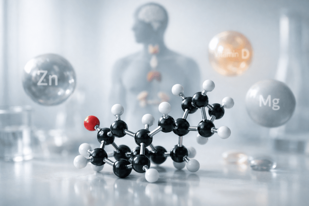 Molecular structure of testosterone with natural supplement minerals for male health support