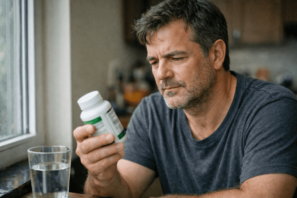 Man examining testosterone supplement bottle for male health decision-making
