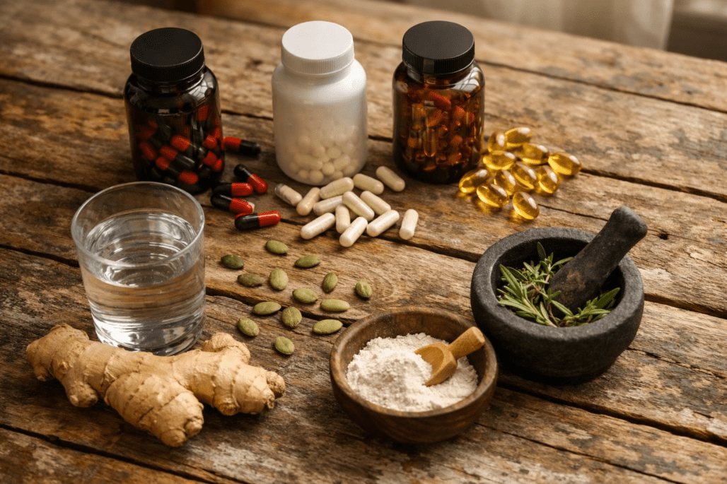 Natural testosterone booster supplements and minerals arranged on wooden table with water glass