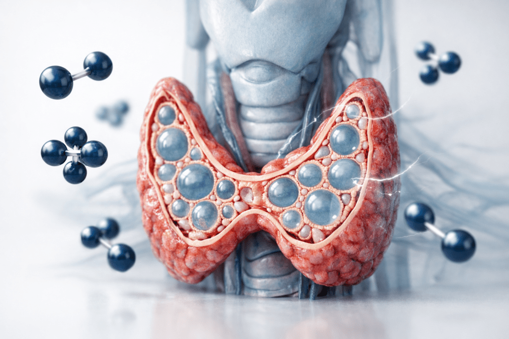 Thyroid anatomy with iodine molecules, illustrating thyroid health and supplement science
