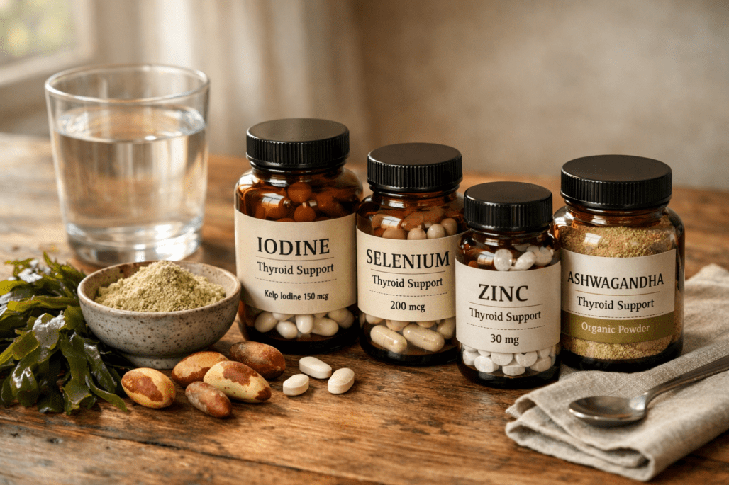 Best thyroid supplements including iodine, selenium, and zinc arranged on wooden surface