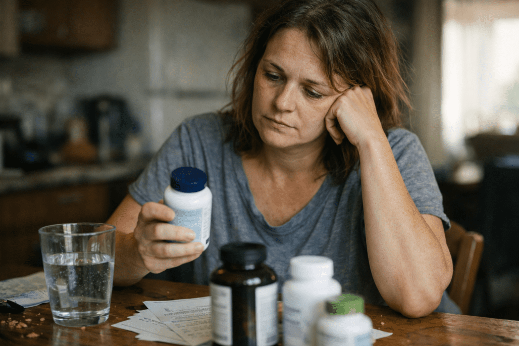 Person examining best tinnitus supplements at home with natural lighting and realistic detail