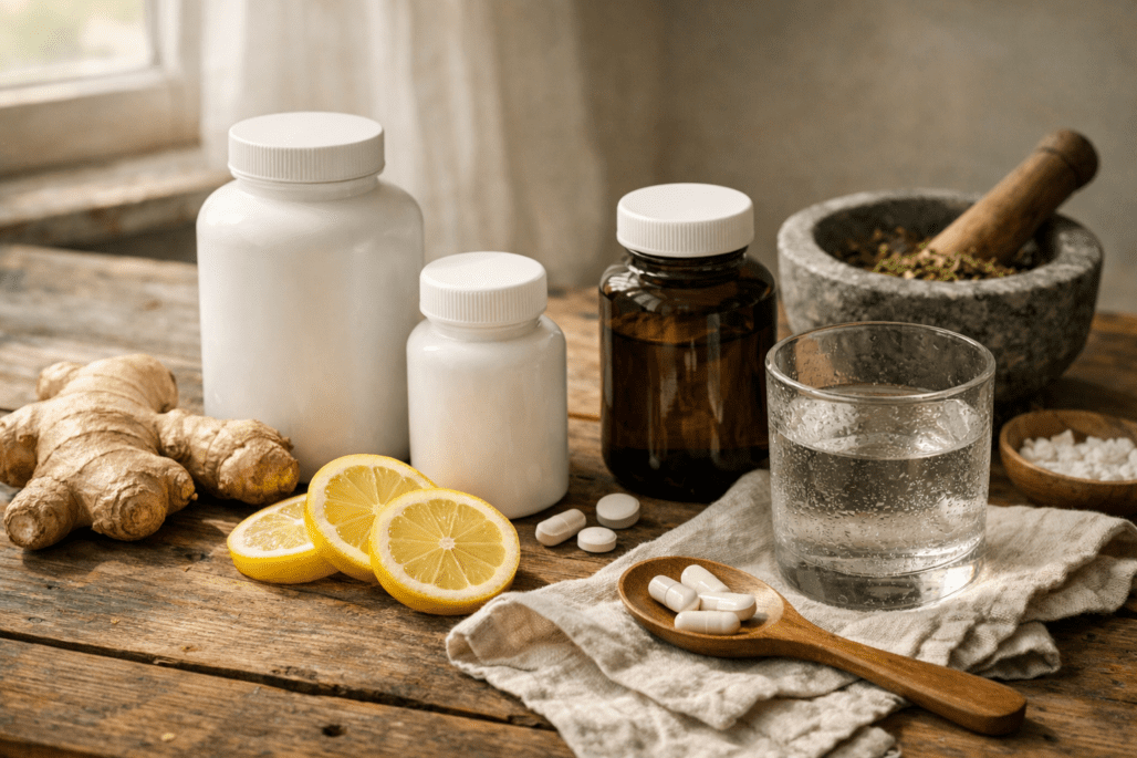 Natural supplements and minerals for tinnitus including magnesium, zinc, and vitamin D on kitchen table
