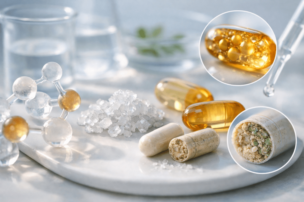 Scientific visualization of weight loss supplement ingredients and molecular structures in laboratory setting