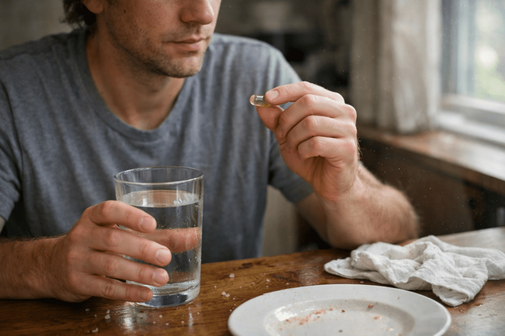 Person taking metabolism booster supplement with water at kitchen table in natural morning light