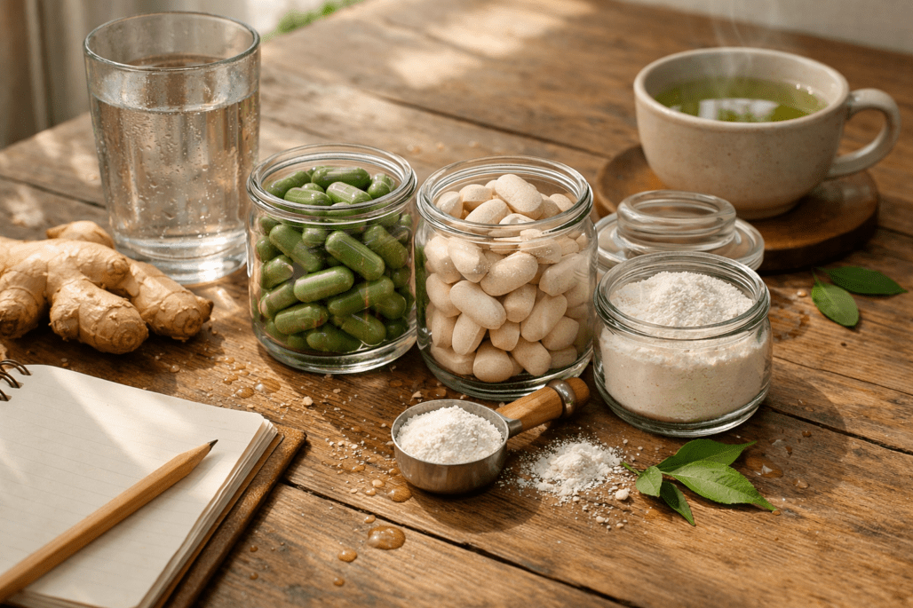 Weight loss vitamins and fat burning supplements arranged with water and natural ingredients on wooden surface