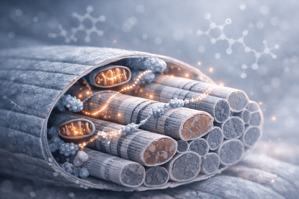 Cellular illustration of muscle fiber recovery showing protein synthesis and mitochondrial activity for post-workout recovery