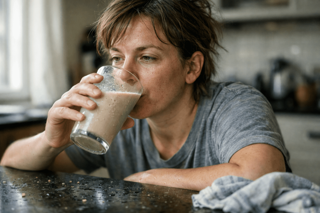 Person drinking post-workout recovery shake at home kitchen counter in natural morning light