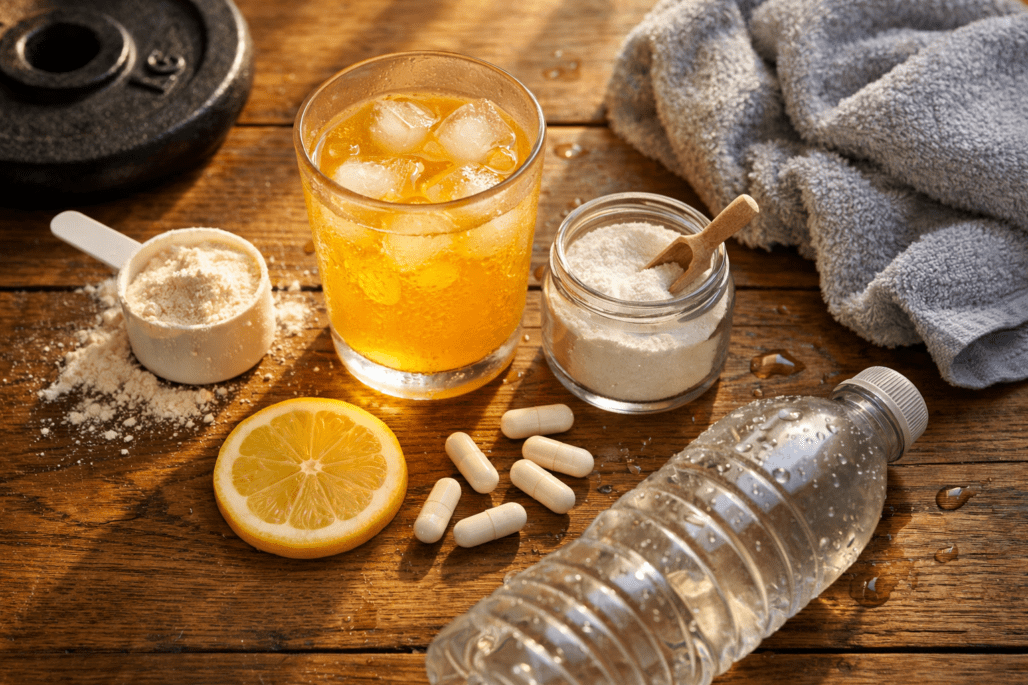 Post-workout recovery supplements arranged on wooden table with protein powder, electrolytes, and creatine for muscle recovery