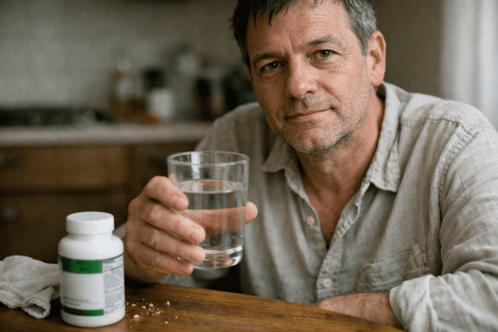Person taking blood pressure management supplement with water at home kitchen table