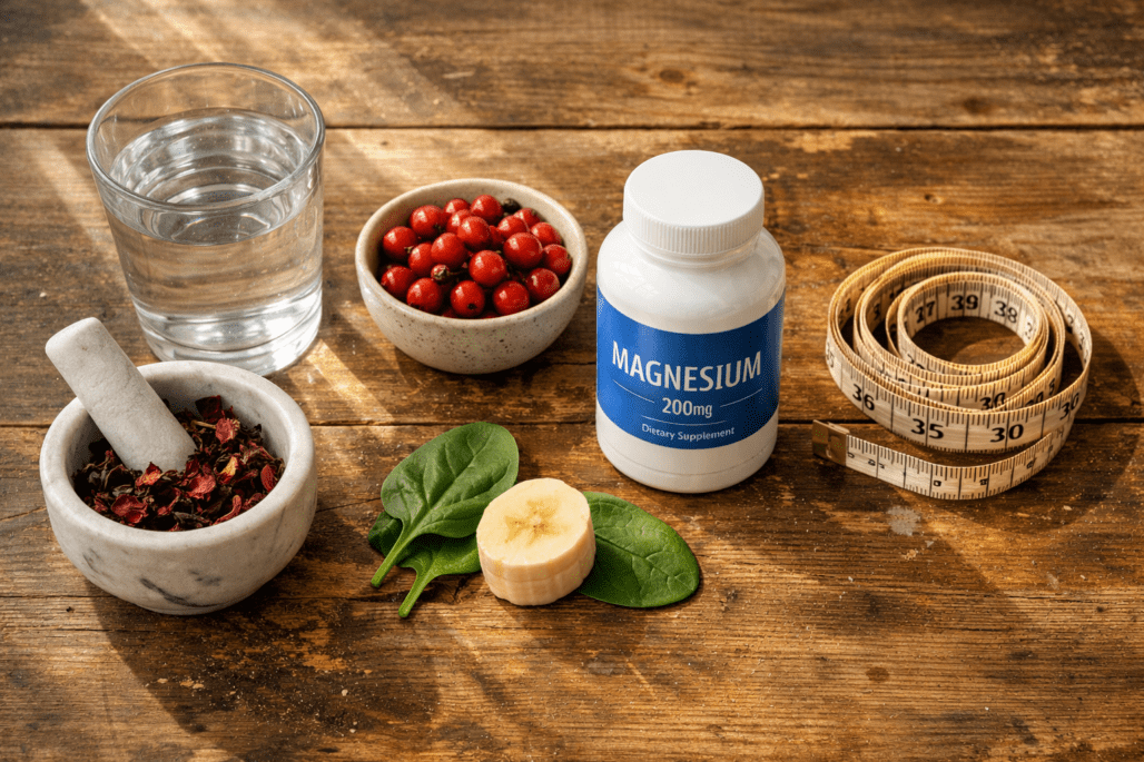 Best blood pressure supplements and natural remedies arranged on wooden table with water and fresh ingredients