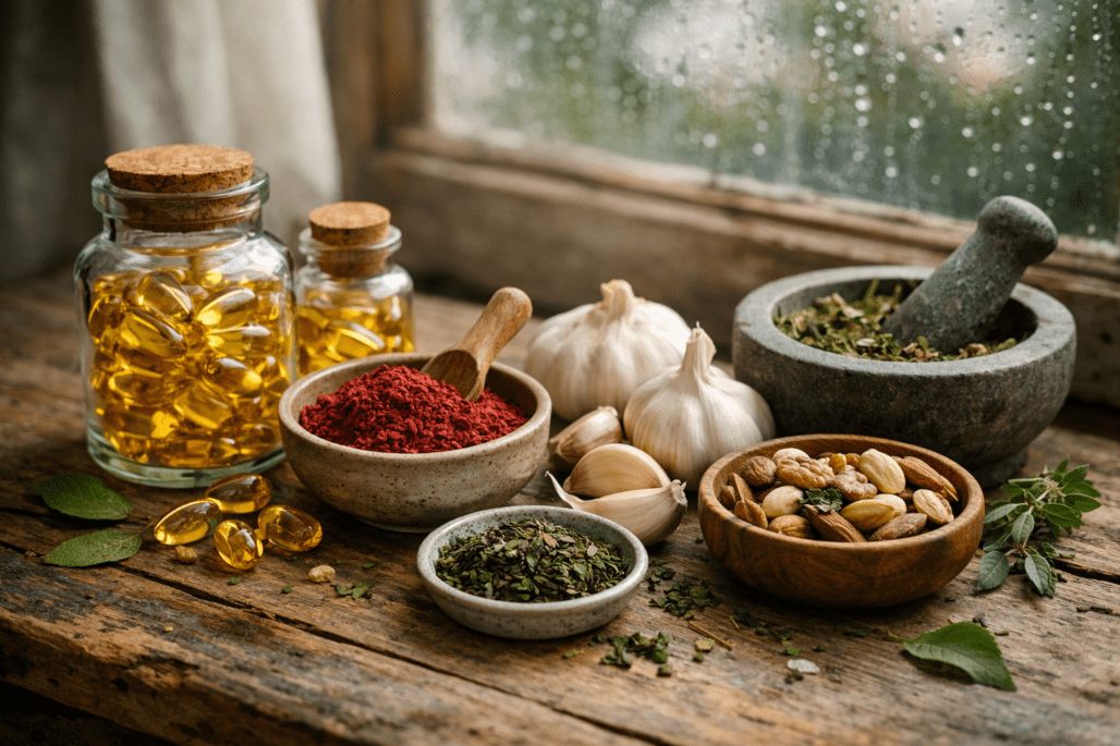 Best cholesterol supplements and natural ingredients arranged on wooden table for dietary management